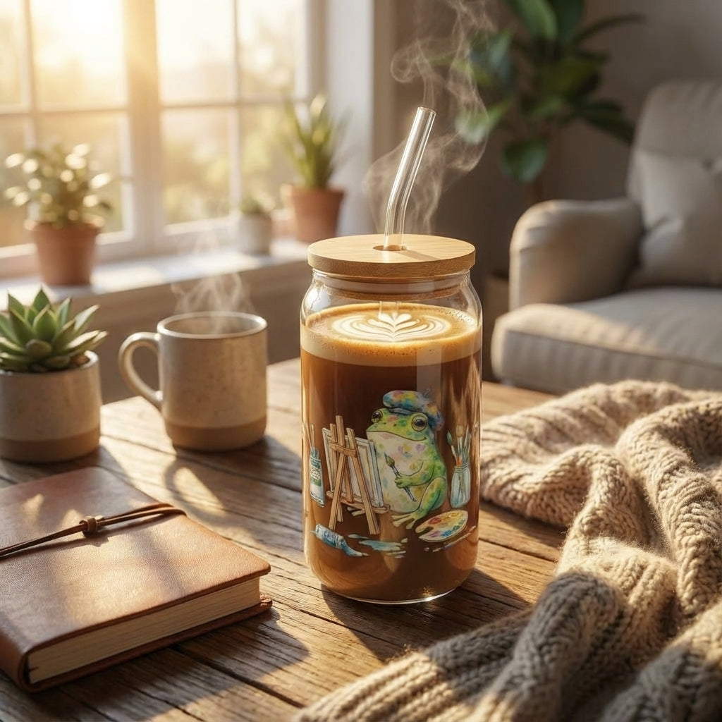 Watercolor Frogs Painting Sipper Glass - Hero Lifestyle