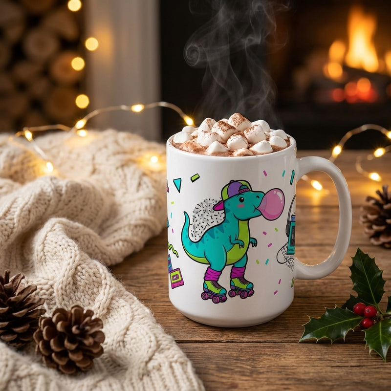 Retro Roller Dinos - T-Rex Bubblegum Pop - 15oz Mug with hot cocoa