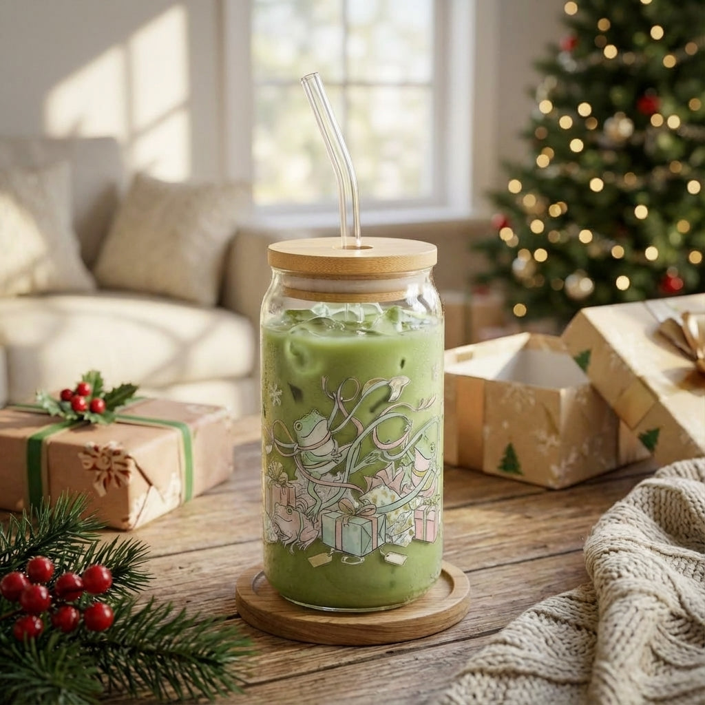 AI Generated Lifestyle Image - Illustrated Christmas Frogs Tangled Sipper Glass