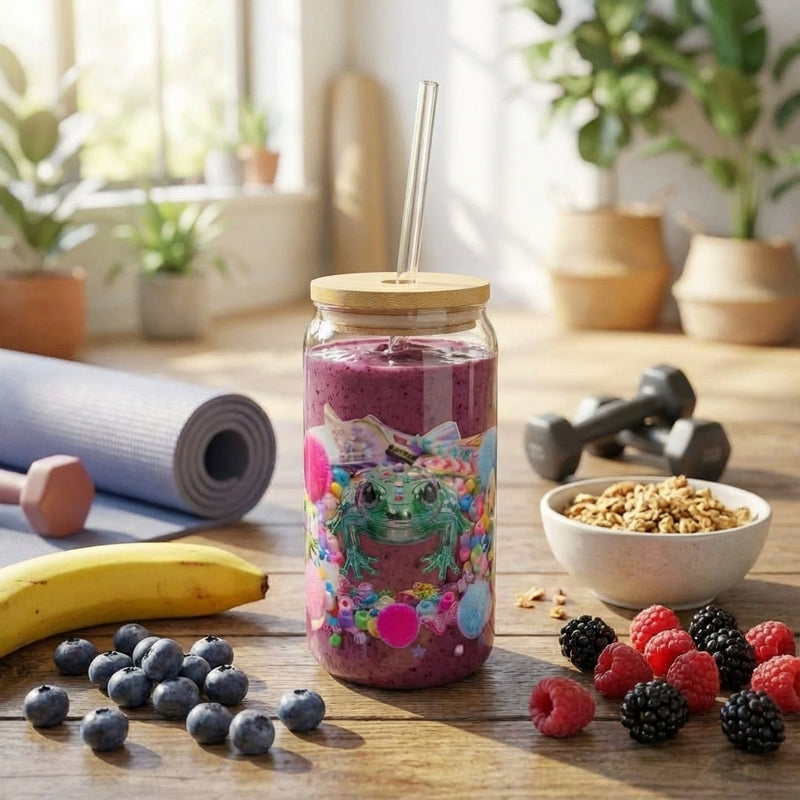 Y2K Frogs Sparkle Sipper Glass with smoothie