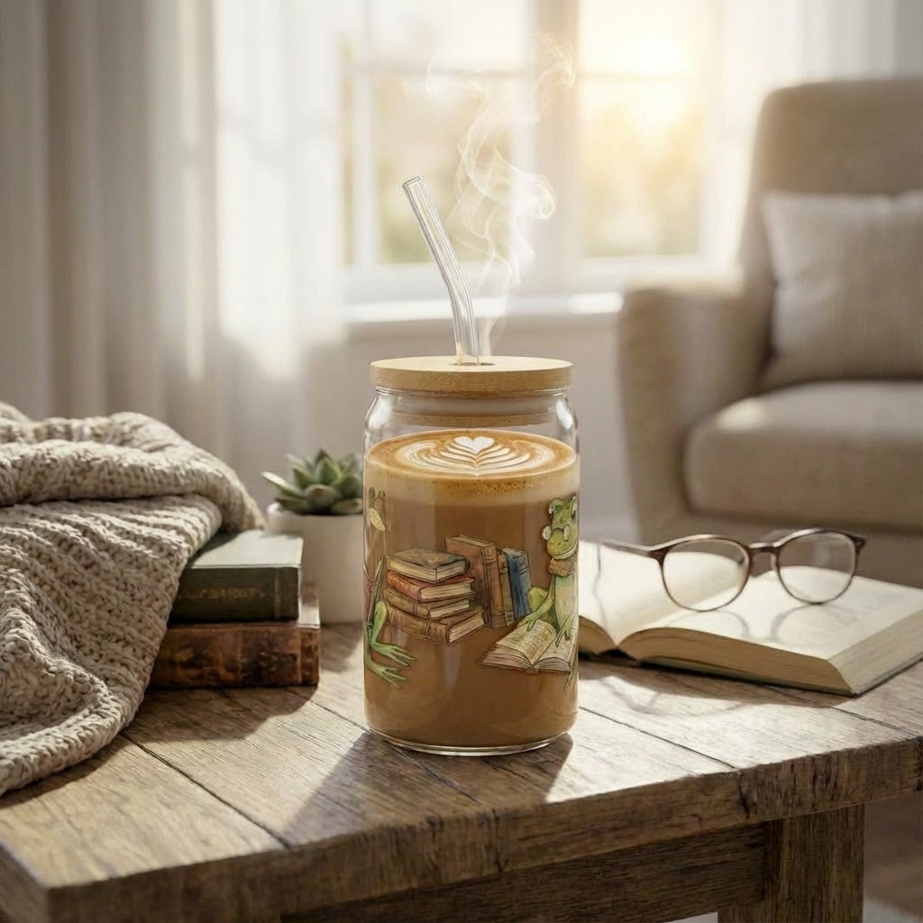 Watercolor Frogs Reading Sipper Glass - Hero Lifestyle